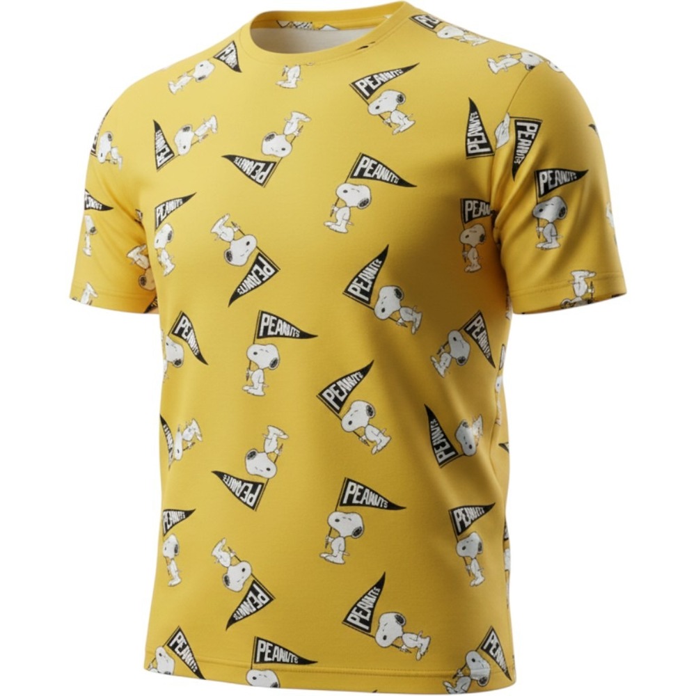 Peanuts Snoopy All Over Print T-Shirt Yellow Pennant Flag Graphic Tee Mens L